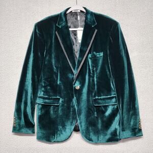 Coofandy Mens Velvet Blazer Size L Green Gold Tone Button Elegant Formal Yacht
